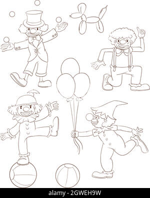 Plain sketches of the playful clowns Stock Vector