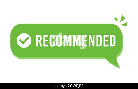 Recommended icon vector, green recommendation label with check mark tick, trusted or assurance label badge pictogram isolated. Stock Vector