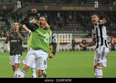 Olimpico Grande Torino, Turin, Italy, October 02, 2021, Leonardo Bonucci (Juventus FC) and Federico Bernardeschi (Juventus FC) celebrates the victory Stock Photo