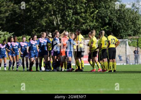 London, UK. 03rd Oct, 2021. Dulwich Hamlet and Herne Bay bump fists prior to the Vitality Womens FA Cup 2nd round qualifying game at Champion Hill in London, England. Credit: SPP Sport Press Photo. /Alamy Live News Stock Photo