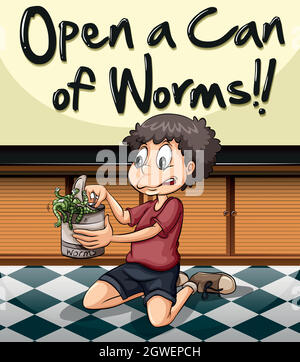Idiom phrase on poster for open can of worms Stock Vector