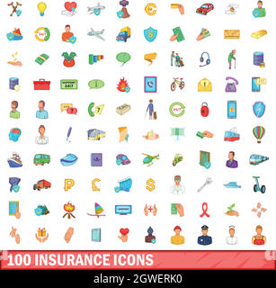 100 insurance icons set, cartoon style Stock Vector