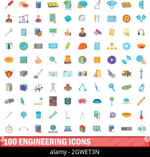 100 engineering icons set, cartoon style Stock Vector