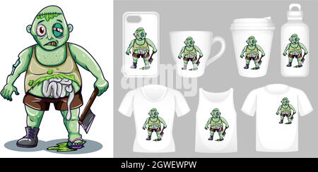 Graphic of zombie with axe on different product templates Stock Vector