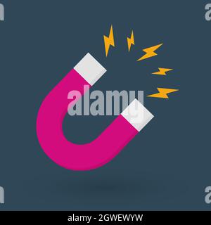 Magnet with lightning icon isolated on blue background. Horseshoe magnet, magnetism, magnetize, attraction sign. Random dynamic shapes. Vector Stock Vector
