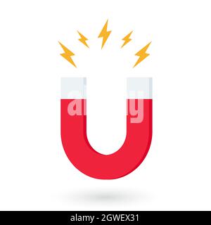 Red horseshoe magnet with magnetic power sign on white background. u-shaped magnet icon. Magnetism, magnetize, attraction concept. Vector illustration Stock Vector
