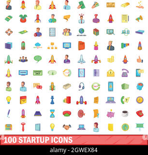 100 startup icons set, cartoon style Stock Vector