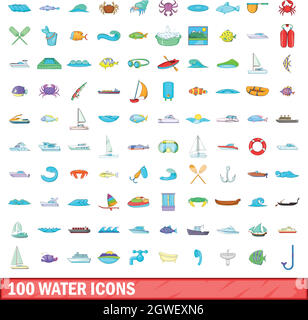 100 water icons set, cartoon style Stock Vector