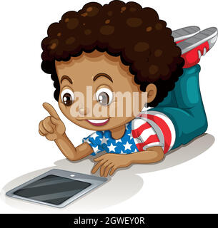 American boy using computer tablet Stock Vector