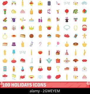 100 holidays icons set, cartoon style Stock Vector