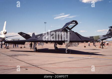 A U.S. Air Force Lockheed F-117A Night Hawk stealth attack aircraft on display at Holloman AFB, New Mexico. Stock Photo