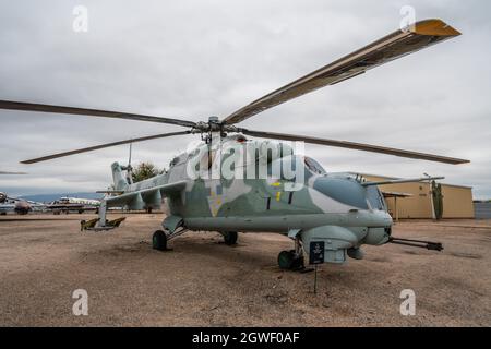 A Russian military Mil Mi-24D Hind helicopter gunship in the Pima Air & Space Museum, Tucson, Arizona. Stock Photo