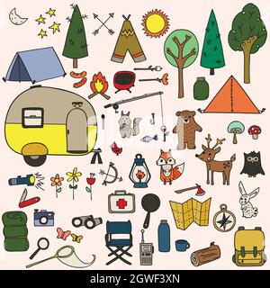 Camping trip. Hand Drawn trailer, tents, fishing, camp fire, nature, animals. Outdoor woodland. Colored doodles. Stock Vector