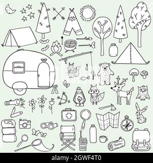 Camping trip. Hand Drawn trailer, tents, fishing, camp fire, nature, animals. Outdoor woodland. Black and white. Stock Vector