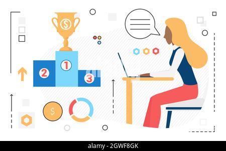 Business success achievement, win podium with gold award vector illustration. Cartoon winner businesswoman leader working isolated on white Stock Vector