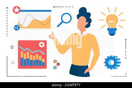 Businessman analyst working with data chart information vector illustration. Cartoon corporate business people search profit isolated on white Stock Vector