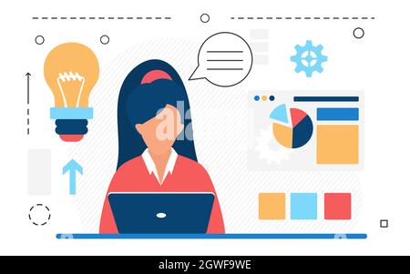 Businesswoman analyst working with laptop on corporate data analysis, accounting vector illustration. Cartoon financial startup isolated on white Stock Vector