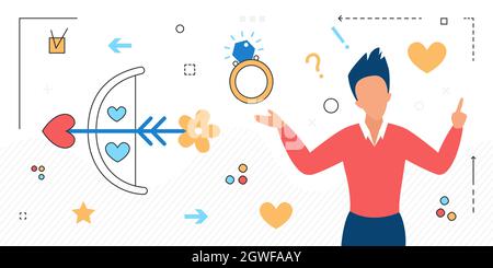 Marriage proposal concept with romantic bow and arrow vector illustration. Cartoon wedding ceremony ring romance symbols and man isolated on white Stock Vector