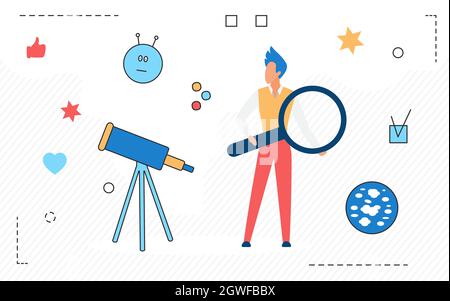 Space science research, astronomy vector illustration. Cartoon scientist man holding magnifying glass in hand to explore, telescope equipment isolated on white Stock Vector