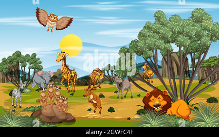 Many different animals in the forest scene Stock Vector