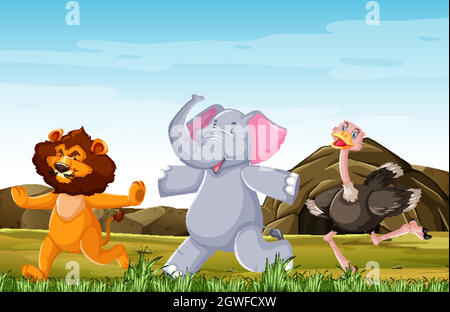 Wild animals group are posing standing smile cartoon style isolated on forest background Stock Vector