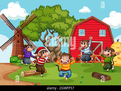 Five little monkey jumping in the farm scene Stock Vector