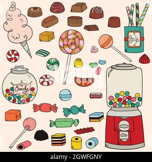 Hand Drawn Candies. Lollipop, chocolate, vintage bubble gum dispenser, licorices, cotton candy, jelly beans. Colored doodles. Stock Vector