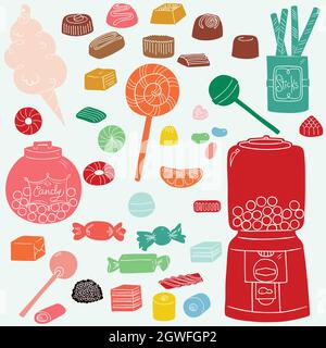 Hand Drawn Candies. Lollipop, chocolate, vintage bubble gum dispenser, licorices, cotton candy, jelly beans. Colored cutout silhouette. Stock Vector