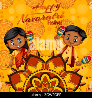 Navaratri poster design with children and instrument Stock Vector