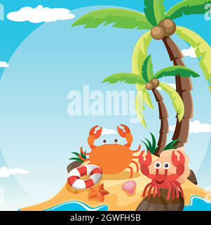 Scene with crab and hermit crab on island Stock Vector
