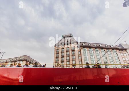 Budapest, Hungary - Oktober, 2018: View of a Hungarian tourist bus driving through the streets on Budapest, the capital of Hungary, Europe Stock Photo