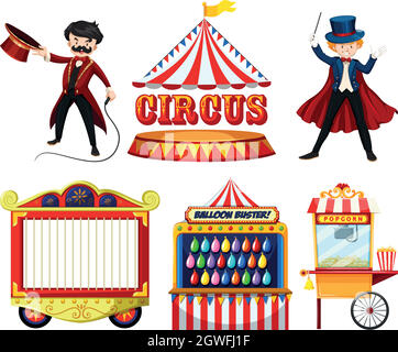 Circus theme objects with magician, tent, cage, games and food stall Stock Vector