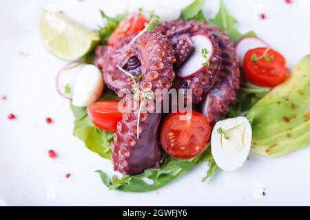 Warm salad with octopus, cherry tomatoes, avocado, arugula, quail eggs, radish and lime on a white plate. Traditional Mediterranean dish. Close-up. Stock Photo