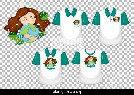 A girl hugs the earth logo and set of white shirt with green short sleeves isolated on transparent background Stock Vector