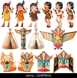 Native american indians and traditional craft set Stock Vector