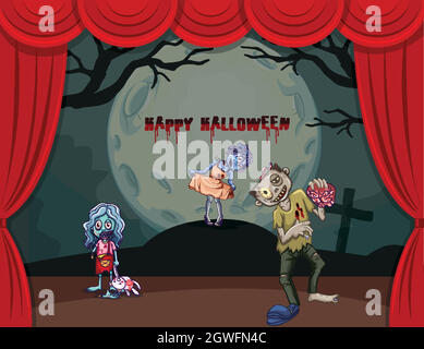 Halloween theme with zombies on stage Stock Vector