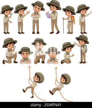 Boy in safari outfit doing different things Stock Vector