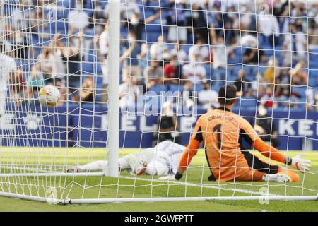 Cornella, Spain. 03rd Oct, 2021. Action goal Espanyol during, LaLiga Santander match between Espanyol and R. Madrid at RCDE stadium in Cornella, Barcelona, Spain. Credit: SPP Sport Press Photo. /Alamy Live News Stock Photo