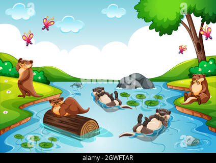 Otter group in the forest scene Stock Vector