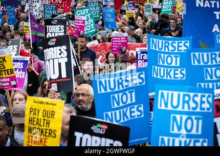 Thousands of demonstrators take to the streets to protest against the Tory Party. Social movements and unions unite and march past the Conservative Party Conference demanding fairer policies for the working class. Credit: Andy Barton/Alamy Live News Stock Photo