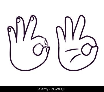 OK hand sign line icon. Index finger touching thumb gesture. Left and right, palm and back of hand. Cartoon drawing, vector illustration. Stock Vector