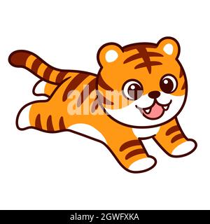 Cute cartoon running or jumping tiger drawing. Funny little tiger pounce. Isolated vector clip art illustration. Stock Vector