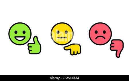 Customer feedback rating scale, smiley face with thumbs up and down. Good, bad and neutral evaluation. Vector emoticon icons. Stock Vector