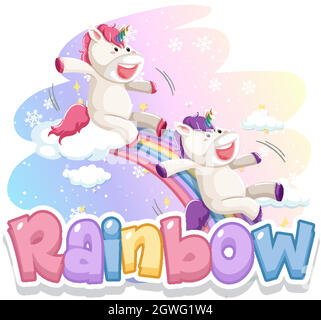 Font design for word rainbow with two unicorns on the rainbow Stock Vector