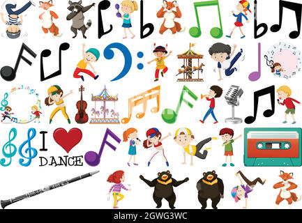 Music set with kids and animals playing and dancing Stock Vector