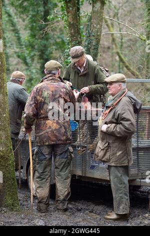 group of beaters loading gamecart on Pheasant shoot Stock Photo
