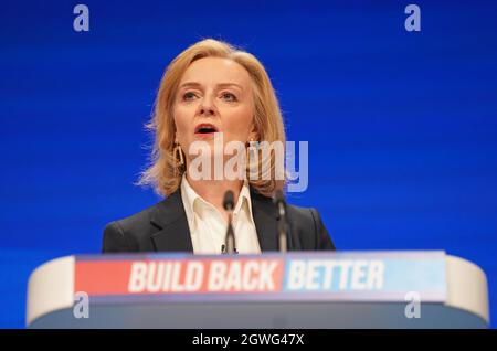Foreign Secretary Liz Truss during her speech at the Conservative Party Conference in Manchester. Picture date: Sunday October 3, 2021. Stock Photo
