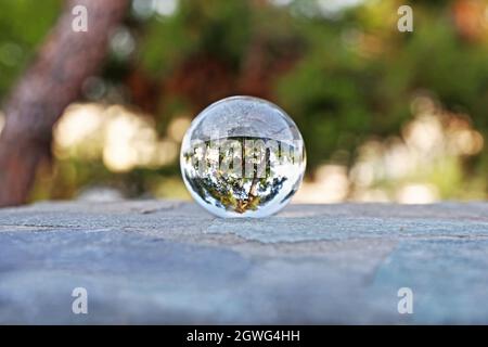 greek forest through lens ball - photography ball Stock Photo