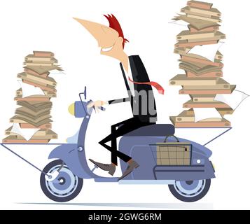 Young man carries papers or books by scooter illustration. Smiling man with piles of documents or books rides on the scooter isolated on white Stock Vector