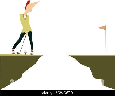 Golfer tries to make a hard kick concept illustration. Young golfer man tries to do a good kick standing on the edge of the of the precipice isolated Stock Vector
